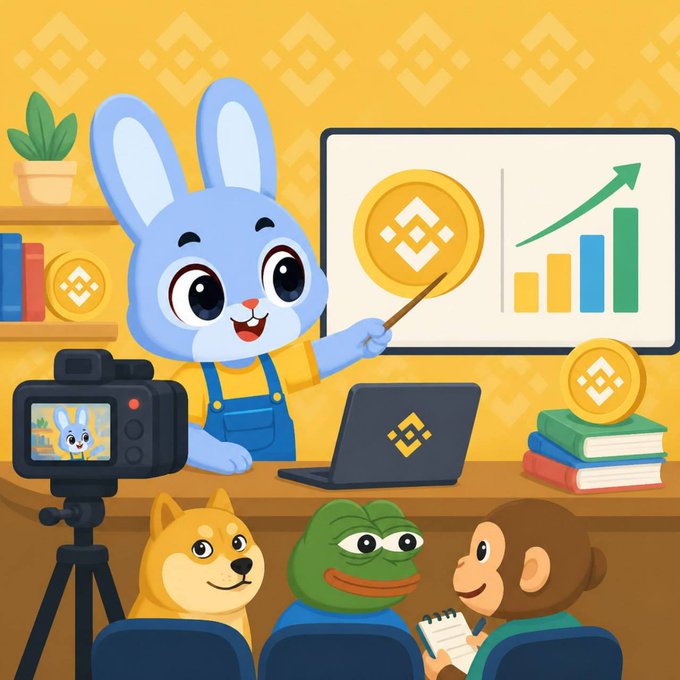 A cheerful blue bunny named Max, wearing overalls, teaches a class featuring a Shiba Inu, Pepe the Frog, and a monkey from a whiteboard displaying the BNB logo and an upward-trending chart. The scene ties to the post by personifying crypto "degens" (represented by the meme characters) learning about BNB, with a camera broadcasting the lesson.