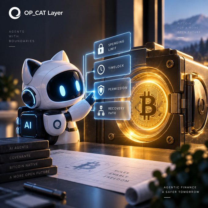 Promotional image for OP_CAT Layer featuring an AI robot cat character beside a Bitcoin vault graphic, with text including 'AGENTS WITH BOUNDARIES', 'SPENDING LIMIT', 'TIMELOCK', 'PERMISSION', 'RECOVERY PATH', and 'BITCOIN FOR A MORE OPEN FUTURE'.