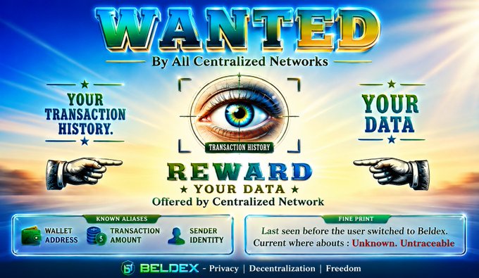 A digital 'WANTED' poster by 'BELDEX' with a central eye graphic, offering a 'REWARD YOUR DATA' for 'YOUR TRANSACTION HISTORY' and 'YOUR DATA,' featuring sections for 'KNOWN ALIASES' and 'FINE PRINT.'