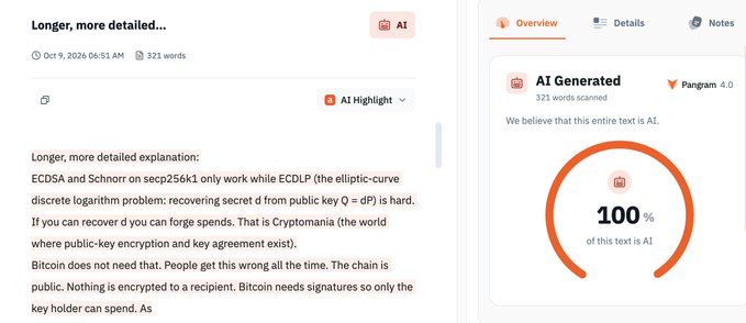 Screenshot of an AI content detector tool (Originality.ai or similar) analyzing a text titled 'Longer, more detailed...', which concludes with 100% confidence that the entire text is AI-generated.