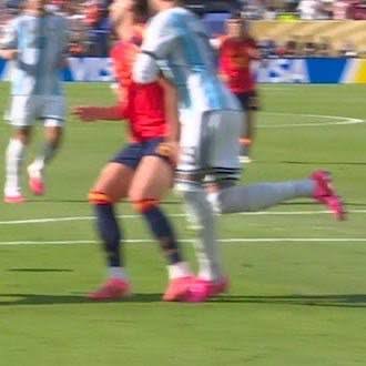 The same blurry image of female soccer players in Argentina kits competing against a player in red.