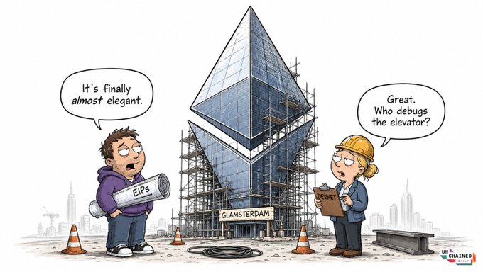 The image features two cartoon characters, one wearing a hard hat and holding a blue pipe, and another wearing a hard hat and holding a clipboard. They are standing next to a building with a large triangle-shaped structure on top of it. The text in the image reads "It's finally almost elegant Bitcoin hit the number— but nobody'S actually buying BlackRock just made Bitcoin pay you like a dividend stock Coinbase is building a super-app to replace your entire bank". This suggests that the characters are discussing the current state of Bitcoin and its impact on traditional banking systems.