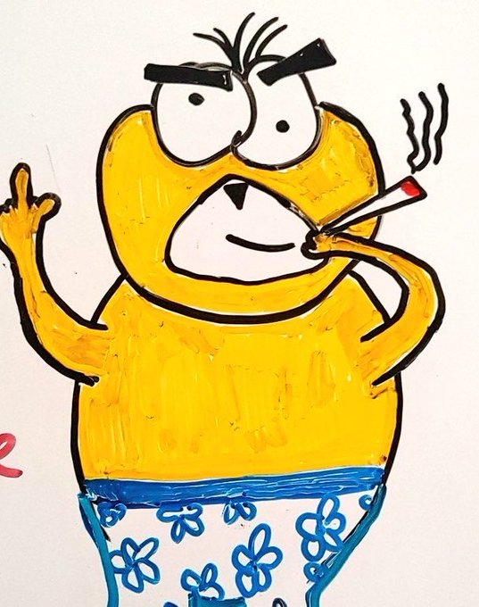 A hand-drawn illustration of a yellow cartoon character with angry black eyebrows, smoking a cigarette, wearing blue floral shorts, and giving the middle finger.