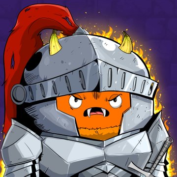 A cartoon illustration of an orange monster wearing spiked silver armor and a red cape, set against a fiery background.