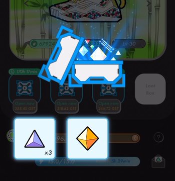 The image shows a closeup of a video game screen with several blue triangles, each containing a different number from 3 to 6. The numbers are displayed within various shapes that represent small characters or objects. One of these symbols could possibly be a diamond shape, which is associated with a character in the game who is wearing a white and purple shoe. There are also two boxes on the screen featuring characters from the game, which might hold some sort of power-up or bonus item. The image seems to be related to a tutorial for a video game, possibly focusing on how to access these power-ups or items within the game by using the different shapes and symbols displayed on the screen.