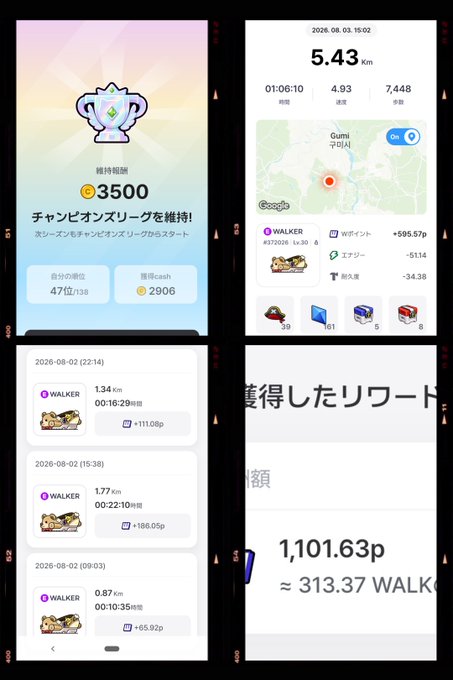 Screenshots of a Japanese walking/step-tracking app called 'WALKER' showing achievement status 'Champion League' with 3,500 reward points, a walking activity log from Gumi, and earned rewards of 1,101.63p (approximately 313.37 WALK).