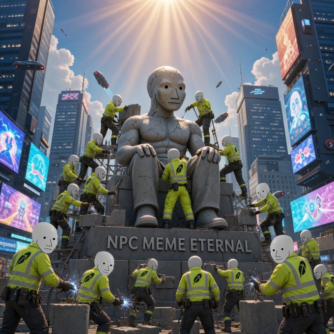 A surreal digital artwork depicts workers in yellow hazmat suits and blank masks constructing a giant stone NPC statue inscribed with 'NPC MEME ETERNAL' in a futuristic city.