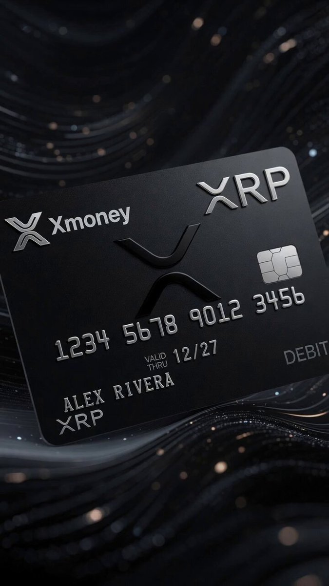 The image features a black credit card with white text, which reads "XRP". This suggests that the card may be associated with Bitcoin or another cryptocurrency. The background of the image is dark and has lines going through it, giving an impression of a wave-like pattern. The caption above the image asks if Elon Musk could integrate XRP into X Money. This implies that there might be some connection between the credit card and the cryptocurrency market, but further information about this integration would be needed to confirm the statement.