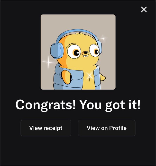 A 'Congrats! You got it!' confirmation screen showing an animated character resembling Jake the Dog from Adventure Time wearing blue headphones and a hoodie, with buttons to view receipt or view on profile.