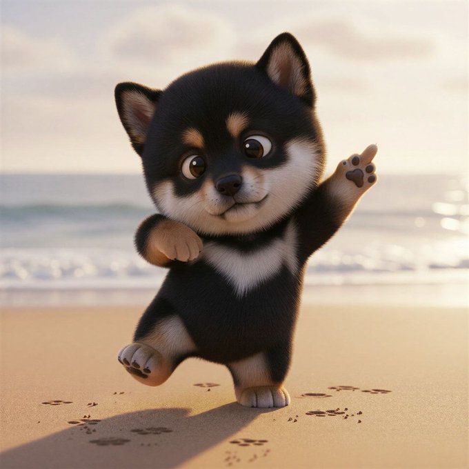 A digital illustration of an adorable black and tan Shiba Inu puppy standing on one leg in a playful pose on a sandy beach with the ocean in the background.