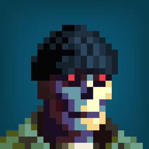 A pixel art style portrait of a figure with red glowing eyes and dark hair against a dark teal background, depicted with blocky retro video game aesthetics.