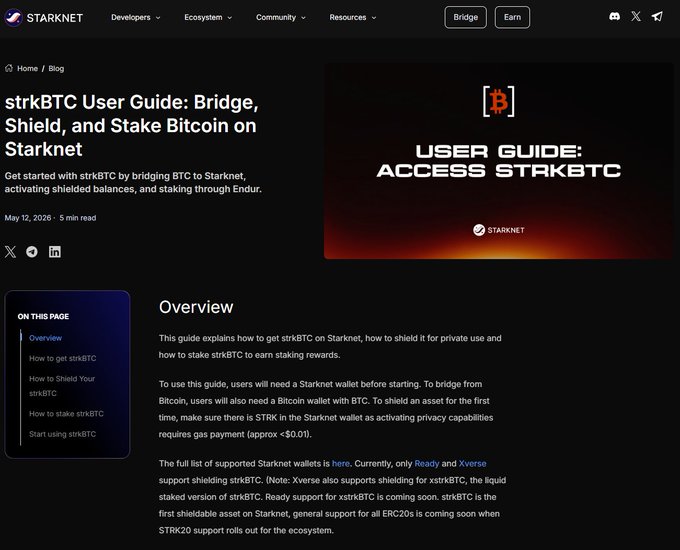 Screenshot of a Starknet blog post titled 'strkBTC User Guide: Bridge, Shield, and Stake Bitcoin on Starknet' dated May 12, 2026, showing a user guide overview for accessing strkBTC.