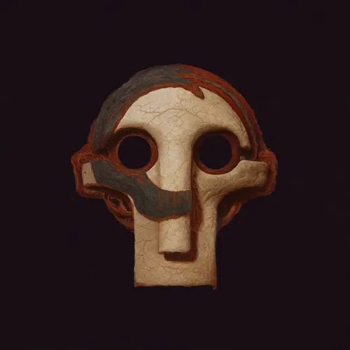 A digital artwork or 3D model of a stylized, cracked skull mask with a distressed red and gray painted surface against a black background.
