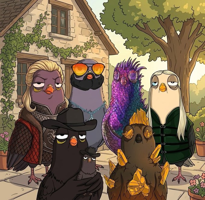 A cartoon illustration of various anthropomorphic bird characters, including pigeons in clothing and a purple feathered bird, standing in front of a stone cottage.