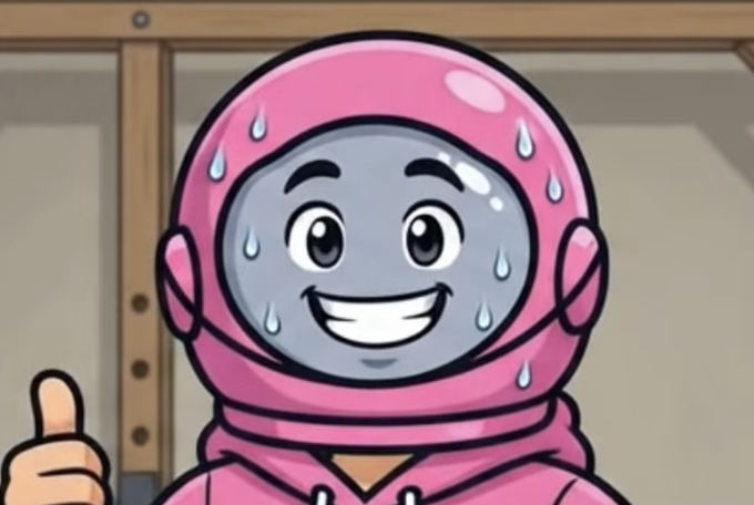 A cartoon character in a pink astronaut suit with a clear visor, smiling nervously and sweating while giving a thumbs-up.