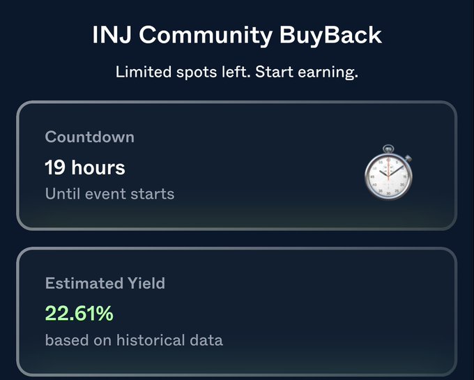 The image displays a user's progress on the Injective Community BuyBack account. The background of the image features two clocks, one larger than the other; they are positioned at opposite ends of the screen. The larger clock indicates that there is approximately 19 hours until an event starts. The smaller clock shows the estimated yield for historical data and a positive sentiment about Injective CBB. The user will receive an email shortly after signing up.