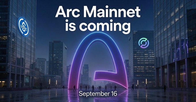 A promotional graphic for Arc Mainnet featuring the text 'Arc Mainnet is coming' and 'September 16' over a nighttime cityscape with a glowing blue and purple neon arch.