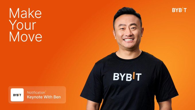 Bybit CEO Ben Zhou smiles against a vibrant orange background promoting his live keynote announcement, with the text "Make Your Move" and a notification for the "Keynote With Ben" event. The image visually reinforces the post's invitation to tune in on Oct. 13 at 7 AM UTC as Zhou outlines Bybit's expansion into AI, broader markets, security, and global growth.