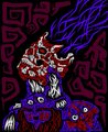 A dark, abstract pixel-art style image featuring red and blue shapes with lightning motifs and what appears to be stylized creature forms in a moody color palette.