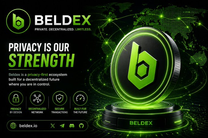 Promotional banner for Beldex cryptocurrency, featuring the tagline 'PRIVACY IS OUR STRENGTH' and 'PRIVATE. DECENTRALIZED. LIMITLESS.' alongside a green 3D coin and features like 'PRIVACY BY DESIGN' and 'DECENTRALIZED NETWORK', with the URL beldex.io.