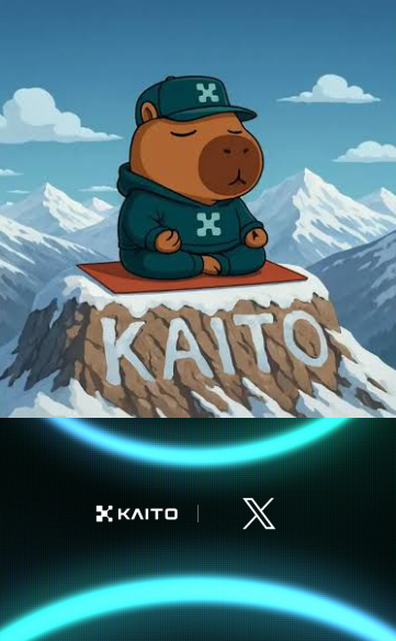 A digital illustration of a meditating cartoon bear character wearing a teal hoodie and cap, sitting on a snowy mountain with 'KAITO' written below, alongside the X (Twitter) handle.