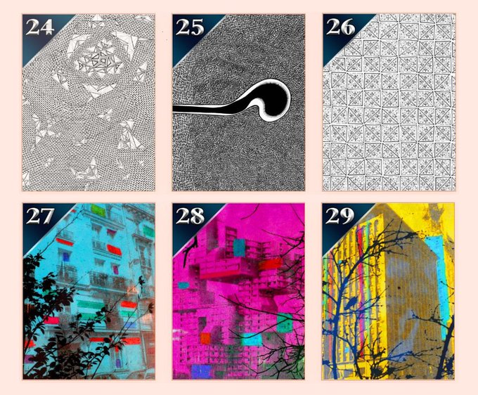 A grid of six numbered artworks (24-29) displaying various artistic styles including black and white patterns, a black sperm shape, geometric tiles, and colorful abstract images of buildings.