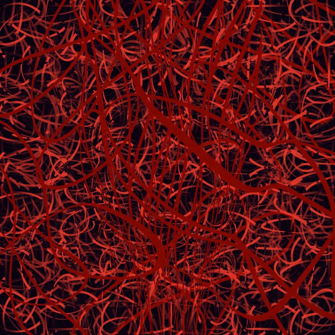 An abstract digital artwork composed of densely tangled, overlapping red lines and curves against a dark navy or black background.