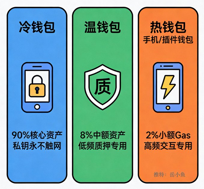 An infographic displaying three wallet types in Chinese: Cold Wallet (90% core assets, private key never touches internet), Warm Wallet (8% mid-amount assets, low-frequency collateral), and Hot Wallet (2% small amount gas, high-frequency interaction), credited to 岳小鱼.