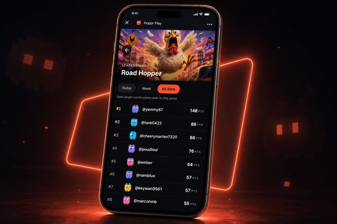 A smartphone displaying the 'Hopper Play' leaderboard for 'Road Hopper,' showing an all-time best single-round scores list topped by '@yenny67' with 140 points, set against a dark background with pixelated ghosts.
