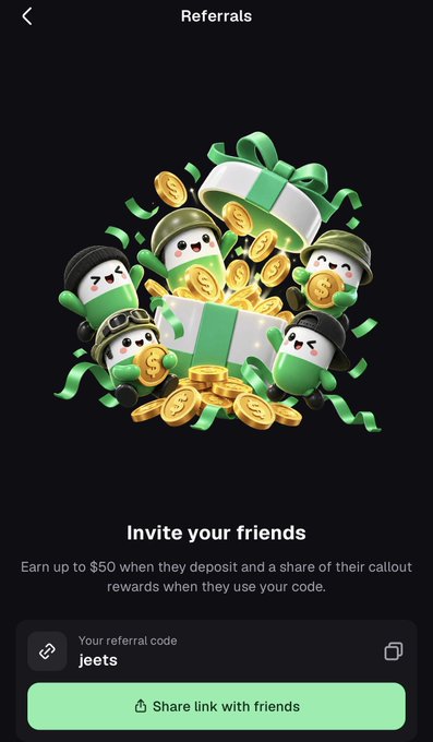 A 'Referrals' screen invites users to invite friends with the code 'jeets', showing a cartoon illustration of characters with a treasure chest of coins.