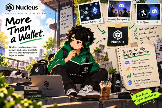 A promotional graphic for 'Nucleus' web3 platform with an anime character and the tagline 'More Than a Wallet,' highlighting features like On-chain Activity and Community Participation.