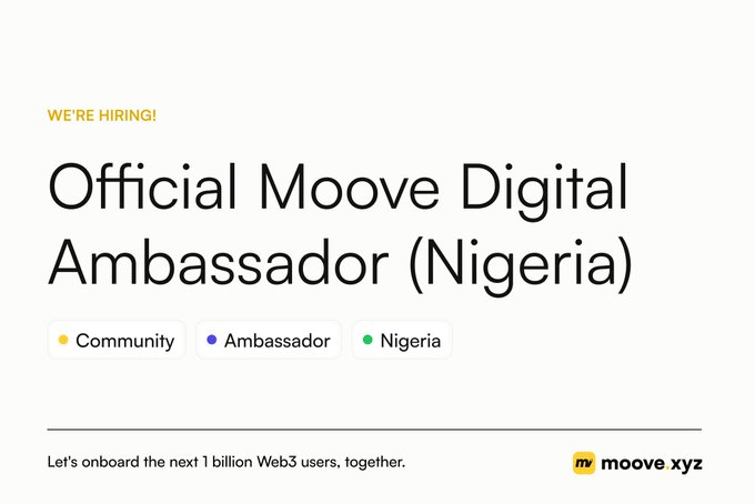 The image features an advertisement for the Official Moove Digital Ambassador applications, specifically for Nigeria. The text on the poster highlights the opportunity for individuals interested in Web3 technology or blockchain to become part of a community dedicated to these topics. It also mentions that this could be a defining moment for those who want to help onboard the next wave of crypto. The post emphasizes the importance of being involved and encourages users to apply, as it is an excellent opportunity to contribute to the development of Web3 technology in Nigeria.