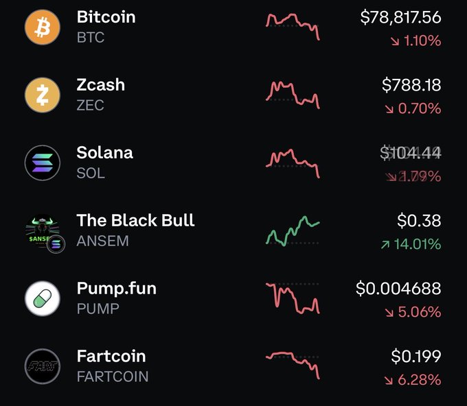A cryptocurrency market dashboard shows most tokens declining, with Bitcoin at $78,817.56 (-1.10%), Zcash at $788.18 (-0.70%), Solana at $104.44 (-1.79%), Pump.fun at $0.004688 (-5.06%), and Fartcoin at $0.199 (-6.28%), while The Black Bull (ANSEM) stands out as the sole gainer at $0.38 (+14.01%). The image reinforces the "BULLish from the pico bottom" caption by highlighting ANSEM's surge as a green outlier amid a sea of red losses across major and meme cryptocurrencies.