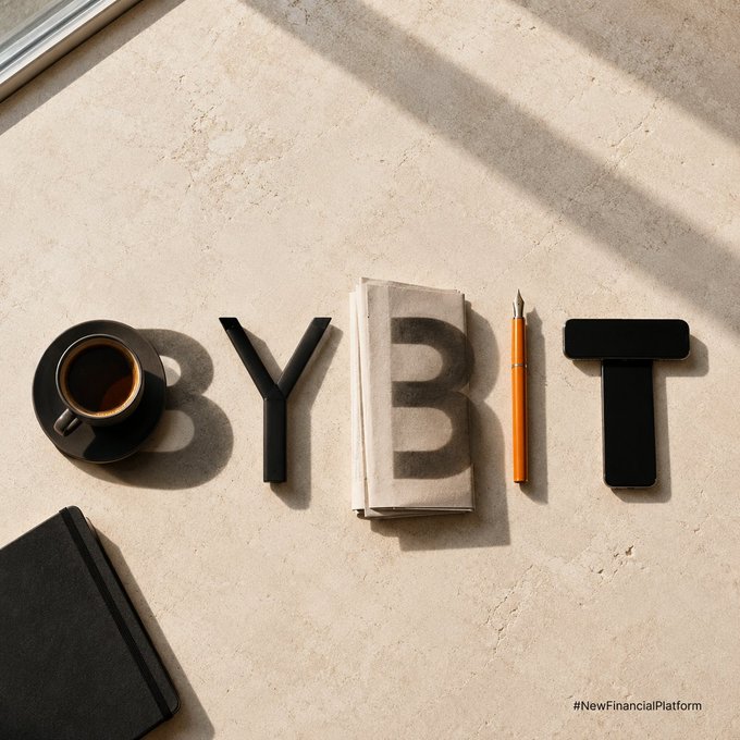 A flat lay arrangement spelling 'BYBIT' using a coffee cup, physical objects, and a folded newspaper, with the hashtag '#NewFinancialPlatform' in the corner.