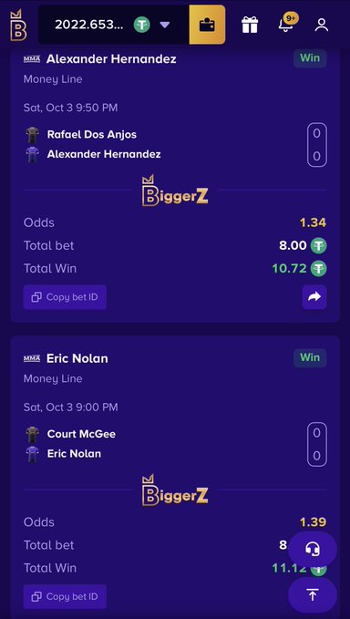 A sports betting app screenshot from 'BiggerZ' showing two winning bets: Alexander Hernandez vs Rafael Dos Anjos (Oct 3, 9:50 PM) with $10.72 total win, and Eric Nolan vs Court McGee (Oct 3, 9:00 PM) with $11.12 total win.