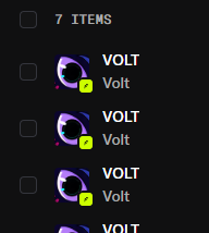 A digital interface displays a list of 7 items, showing multiple identical entries labeled 'VOLT' with a purple icon.