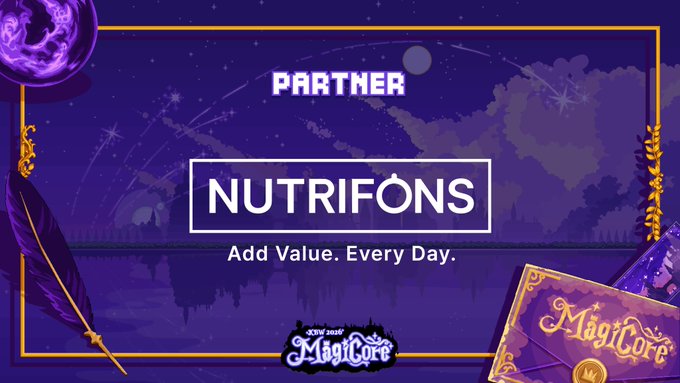 A promotional graphic with a magical purple night sky background reading 'PARTNER NUTRIFÔNS Add Value. Every Day.' alongside New Zone MagiCore branding and a quill illustration.
