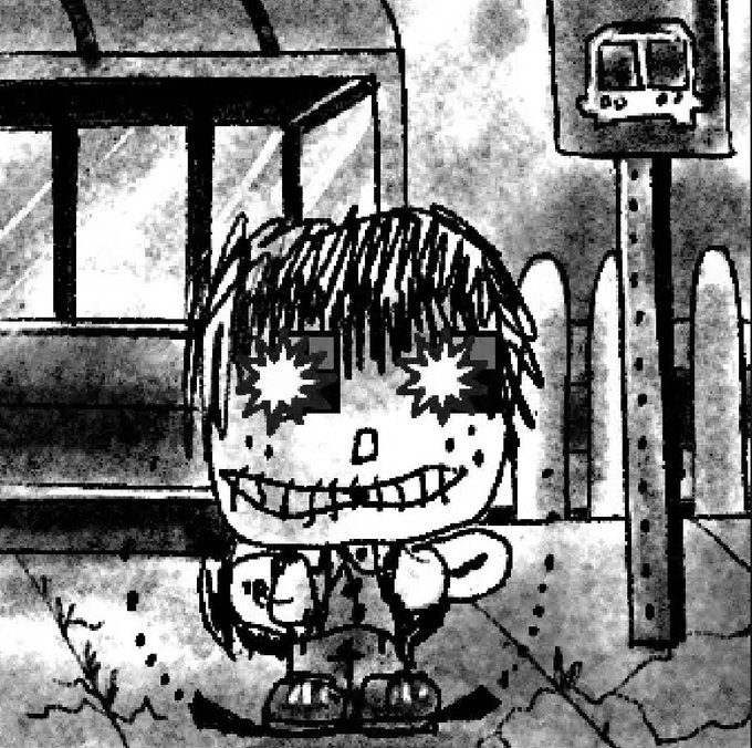 A black and white illustration of a creepy, smiling character with spiky hair, wide eyes, and freckles standing next to a bus stop.