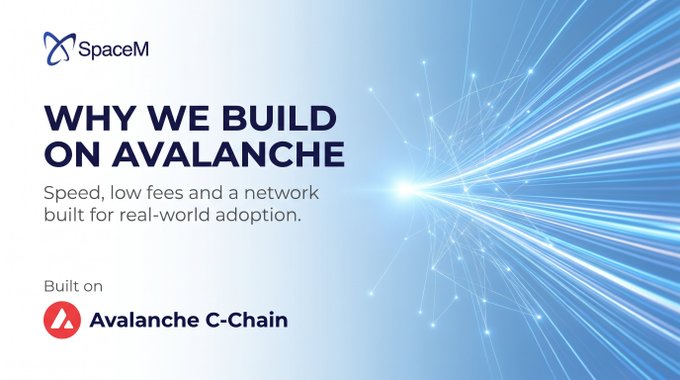 A SpaceM slide titled “WHY WE BUILD ON AVALANCHE” says “Speed, low fees and a network built for real-world adoption,” with “Built on Avalanche C-Chain” at the lower left and a bright blue network graphic on the right.