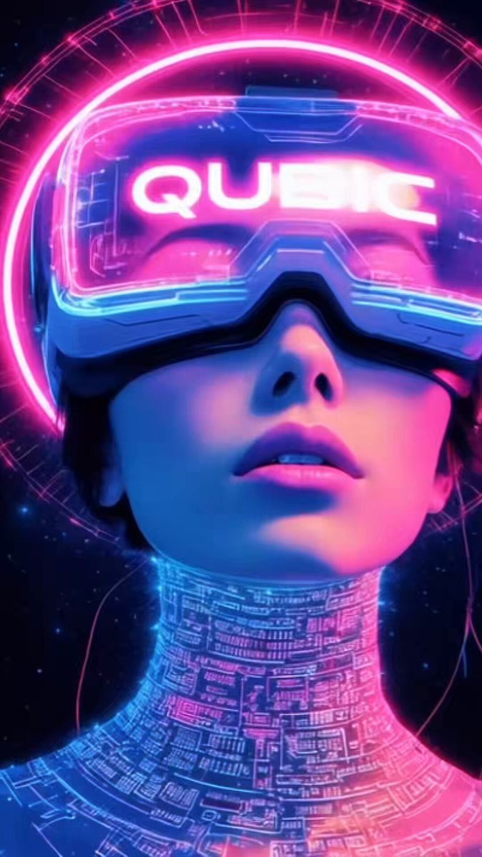 The image features a woman wearing a futuristic, neon-colored headpiece with a large "QUBIC" logo on her forehead. The woman's face is partially obscured by the headpiece, giving an impression of a futuristic or cyborg-like appearance. The background of the image is dark and filled with stars, creating a sense of depth and emphasizing the futuristic theme. The post about QUBIC seems to be promoting a new technology or concept related to artificial intelligence (AI), as it references "decentralized intelligence" and "True bare-metal architecture."