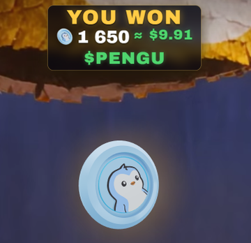 A mobile game screenshot displays a 'YOU WON' notification showing 1,650 ≈ $9.91 in $PENGU tokens, above a round icon featuring a cartoon penguin character.