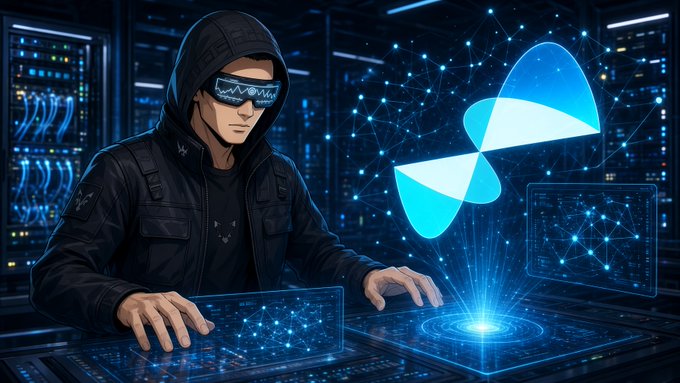 A digital illustration of a hooded hacker wearing glowing waveform sunglasses typing at a futuristic console, with a glowing blue Stellate logo hovering beside him in a high-tech data center.