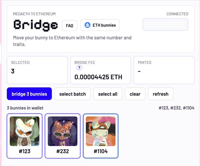 A MegaETH to Ethereum bridge interface shows 'CONNECTED' status with 3 selected bunnies (#123, #232, #1104) and a bridge fee of 0.00004425 ETH.