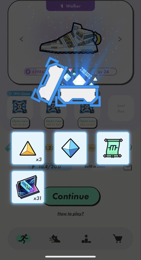 A screenshot from the StepN move-to-earn app showing a 'Walker' sneaker NFT at Level 24, with a glowing loot box animation opening and a selection of in-game items including gems, a scroll, and a sneaker box, alongside a 'Continue' button.