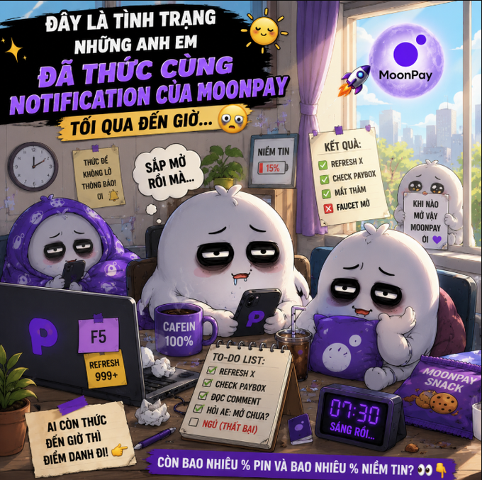 A cartoon illustration of tired ghost characters working at computers, with Vietnamese text including 'ĐÂY LÀ TÌNH TRẠNG NHỮNG ANH EM ĐÃ THỨC CÙNG NOTIFICATION CỦA MOONPAY TỐI QUA ĐẾN GIỜ...' and the MoonPay logo.