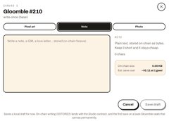 A digital receipt for 'Gloomble #210' on what appears to be an NFT marketplace, showing payment details of 0.09 SOL, a discount of -0.01 SOL, and a 'Cancel' or 'Send Draft' option.