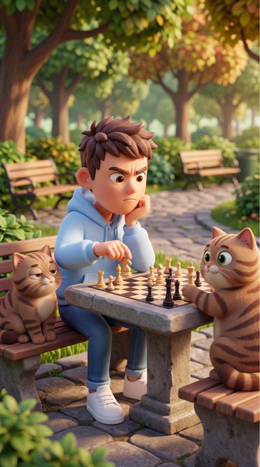 A Pixar-style 3D illustration of a young boy in a light blue hoodie intensely playing chess against an anthropomorphic orange tabby cat at a stone table, with another grumpy-looking cat watching from the bench.