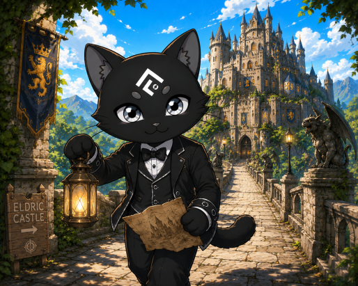 An illustrated black cat character in a tuxedo holding a lantern and a treasure map, standing before a castle with a sign reading 'ELDRIC CASTLE'.