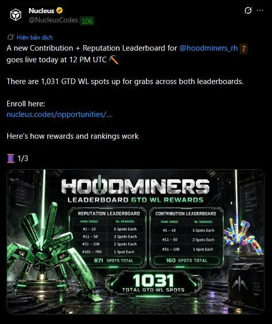 A tweet from Nucleus (@NucleusCodes) announcing a new Contribution + Reputation Leaderboard for @hoodminers_rh with 1,031 GTD WL spots, detailing WL rewards for both leaderboards across various rank ranges.