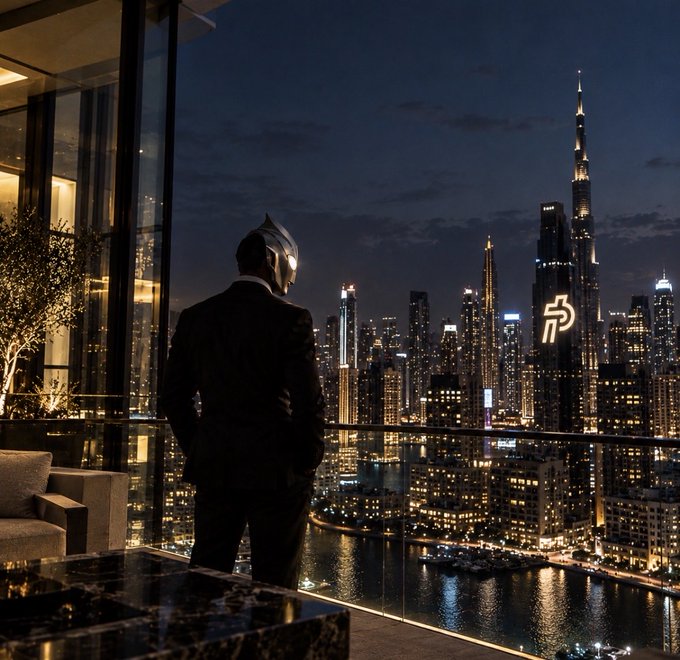 A person in a suit and futuristic helmet looking out from a high-rise balcony at the illuminated Dubai skyline, featuring the Burj Khalifa.
